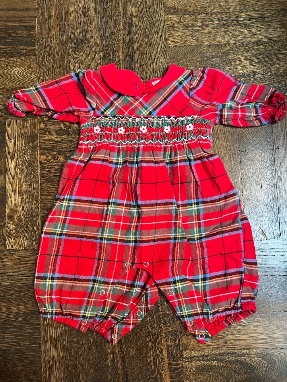 Les Petits Soleils Baby Tartan Smocked Christmas Romper 3M Red Plaid